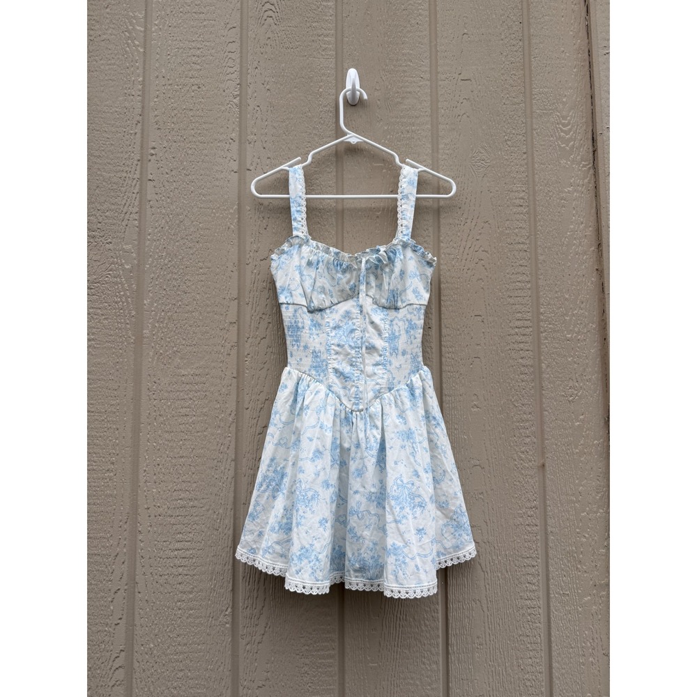Trixxi Small Mini Dress Cottagecore Blue Toile Cotton Lace Trim